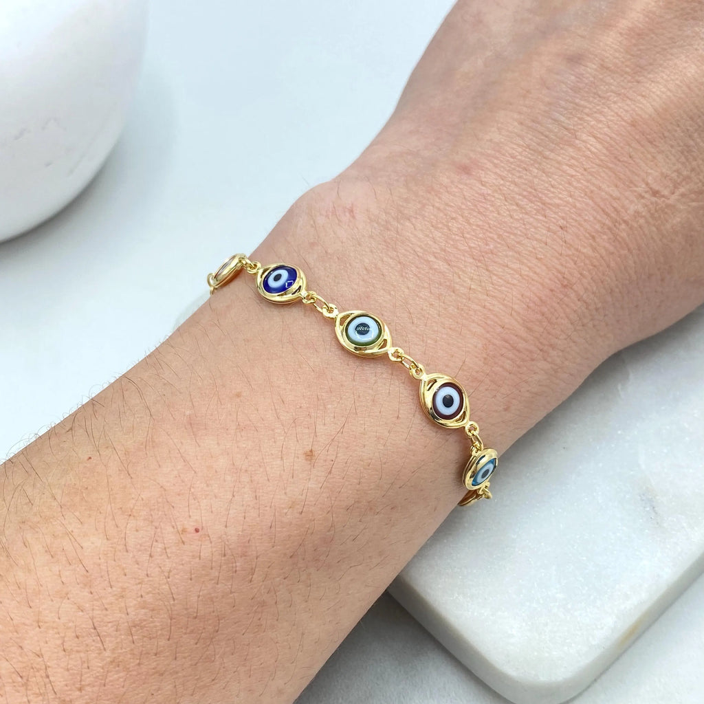 18k Gold Filled Linked Multi-Color Evil Eye Bracelet, Colorful Protection Jewelry, Rainbow Nazar Bracelet