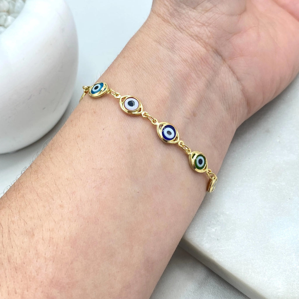 18k Gold Filled Linked Multi-Color Evil Eye Bracelet, Colorful Protection Jewelry, Rainbow Nazar Bracelet