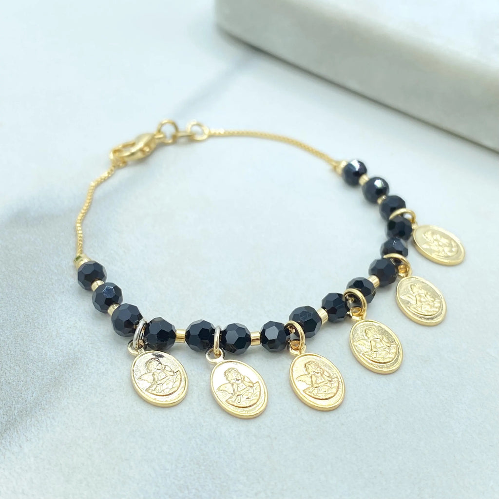 18k Gold Filled Kids Bracelet, Angel Charms Bracelet for Girls, Black Beads Religious Jewelry, Catholic Gift