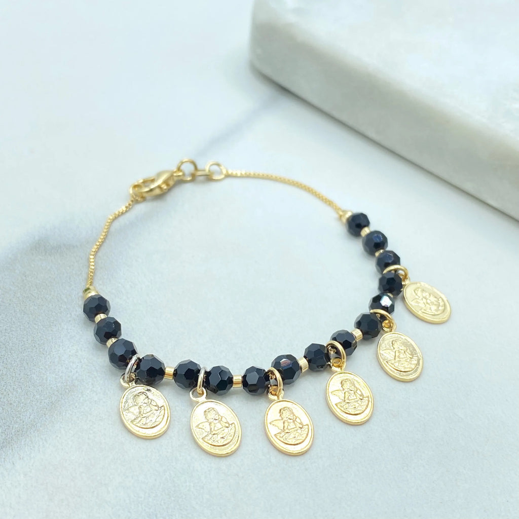 18k Gold Filled Kids Bracelet, Angel Charms Bracelet for Girls, Black Beads Religious Jewelry, Catholic Gift