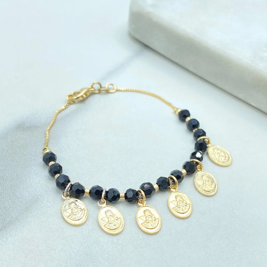 18k Gold Filled Kids Bracelet, Angel Charms Bracelet for Girls, Black Beads Religious Jewelry, Catholic Gift