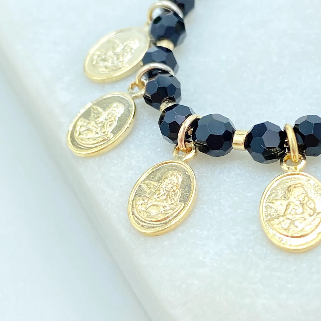 18k Gold Filled Kids Bracelet, Angel Charms Bracelet for Girls, Black Beads Religious Jewelry, Catholic Gift