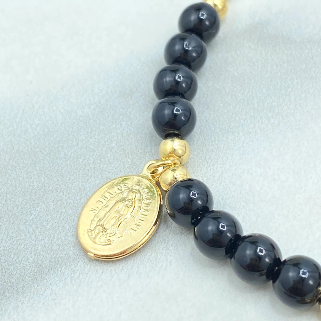 18k Gold Filled Bracelet, Beaded Guadalupe Medals with Black Beads Bracelet, Religious Jewelry, Faith Gift for Her