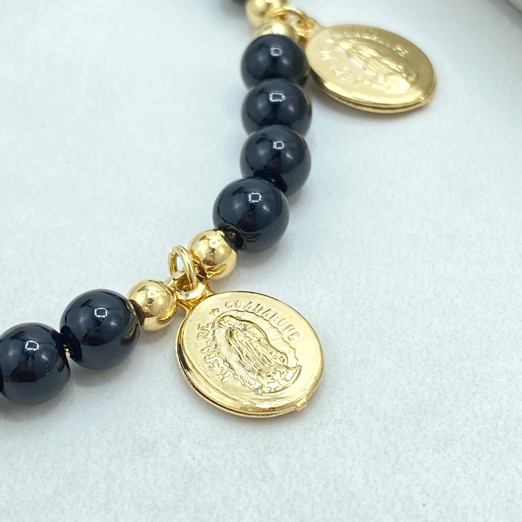 18k Gold Filled Bracelet, Beaded Guadalupe Medals with Black Beads Bracelet, Religious Jewelry, Faith Gift for Her