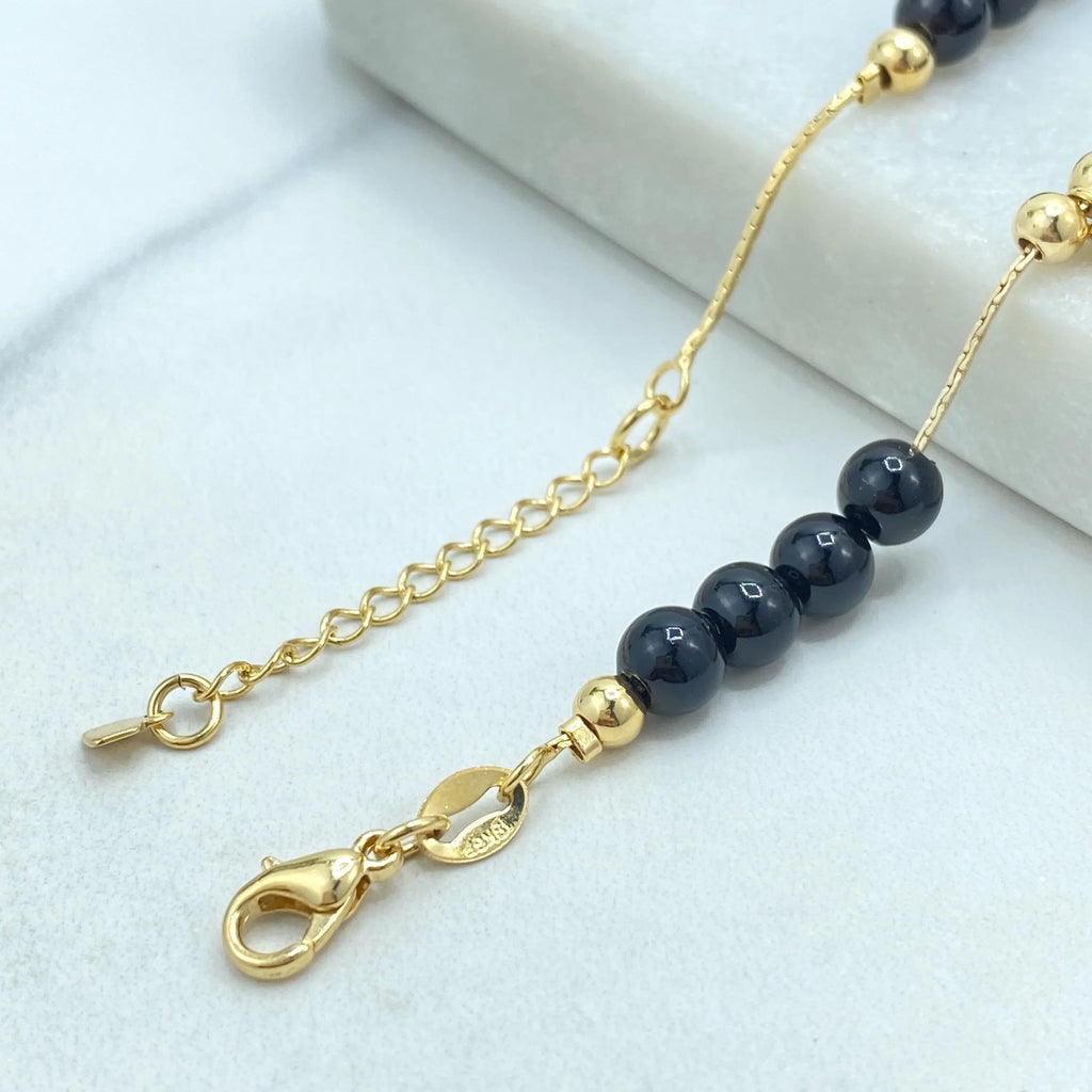 18k Gold Filled Bracelet, Beaded Guadalupe Medals with Black Beads Bracelet, Religious Jewelry, Faith Gift for Her