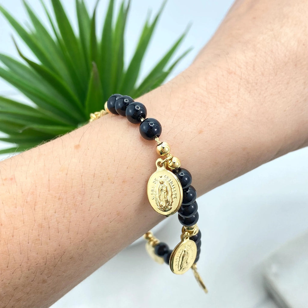 18k Gold Filled Bracelet, Beaded Guadalupe Medals with Black Beads Bracelet, Religious Jewelry, Faith Gift for Her