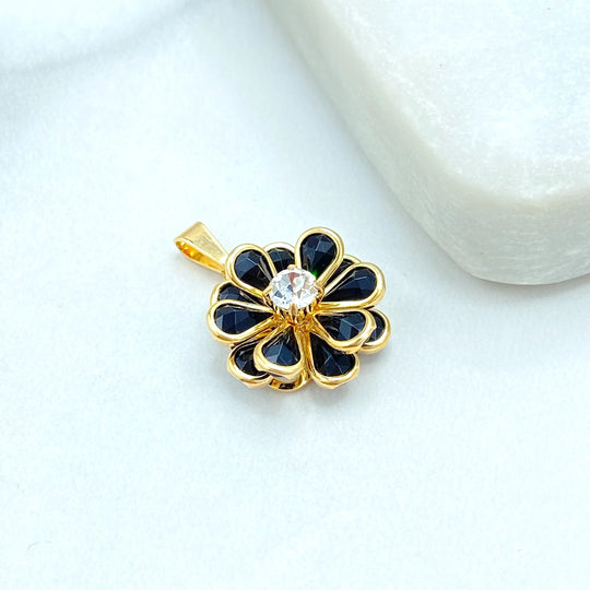 18k Gold Filled Charm, Flower Pendant with Simulated Black Stones and CZ Center, Vintage Floral Style Charm, Gift for Her