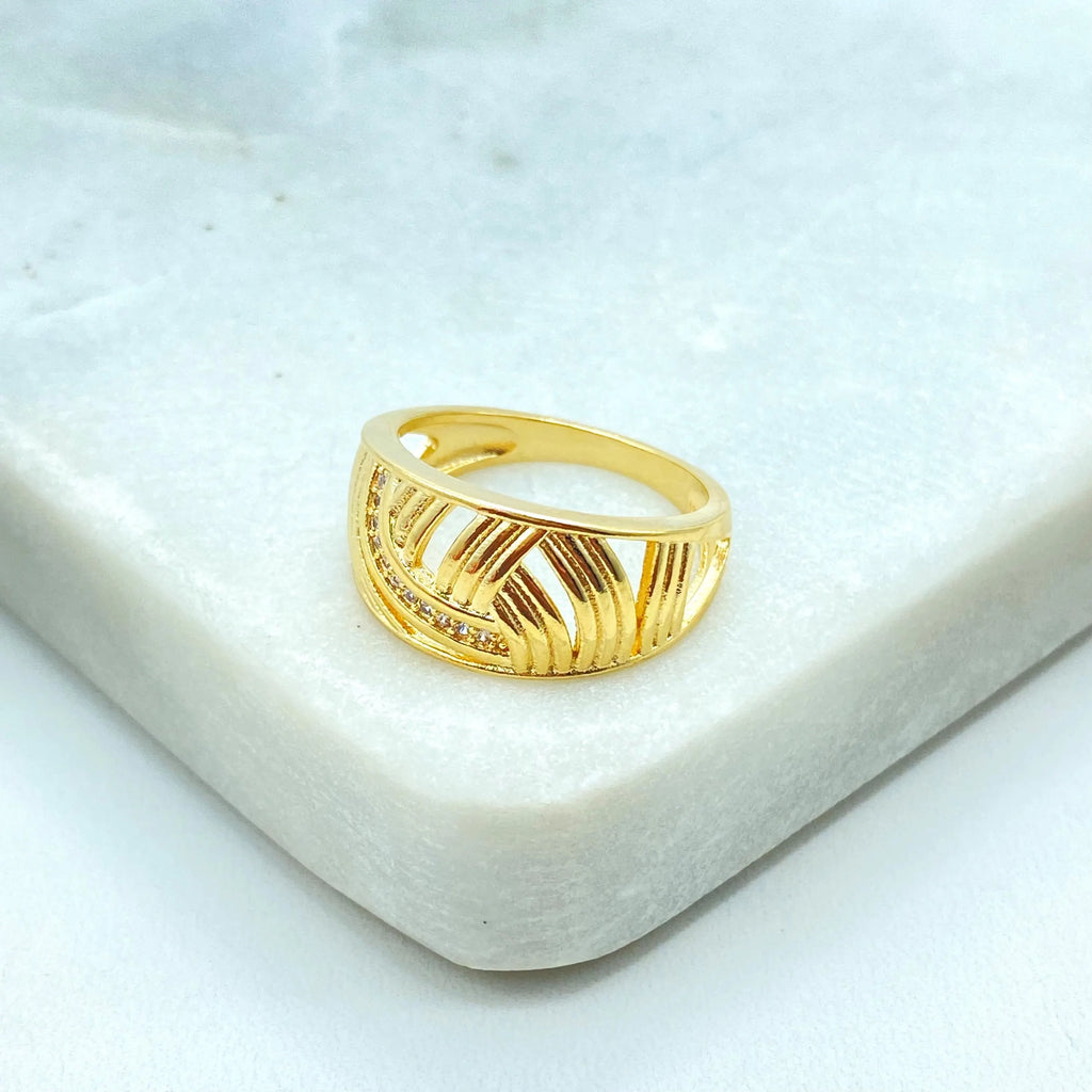 18k Gold Filled Wide Band Ring, Textured Striped CZ Ring, Elegant Statement Jewelry, Gift for Her