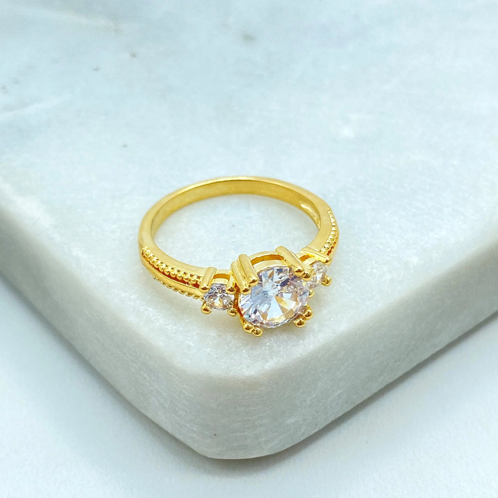 18k Gold Filled Solitaire Ring, Three Stone CZ Engagement Style, Classic Sparkling Band, Dainty Bridal Jewelry