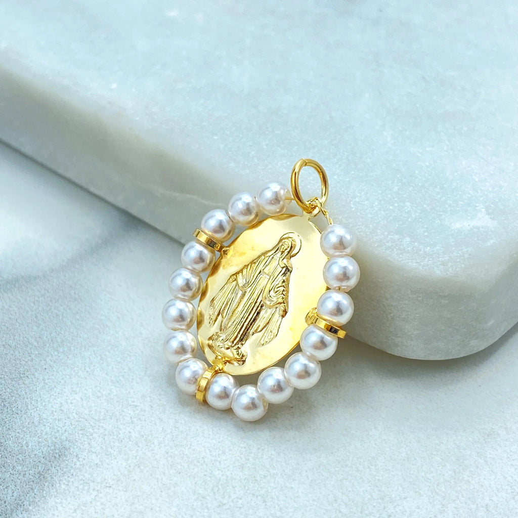 18k Gold Filled Miraculous Medal Pendant, Virgin Mary Medallion with Simulated Pearls, La Milagrosa Religious Pendant