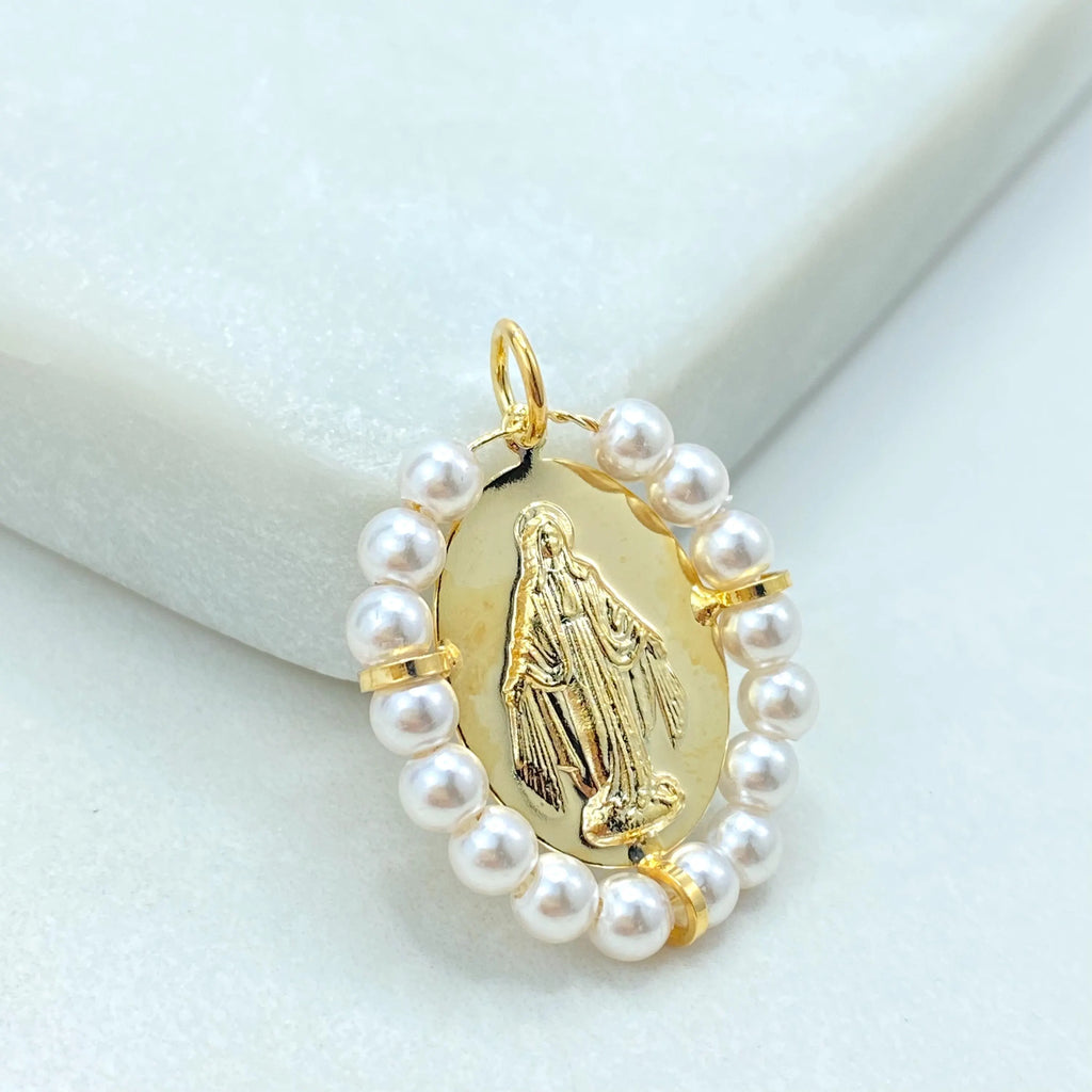 18k Gold Filled Miraculous Medal Pendant, Virgin Mary Medallion with Simulated Pearls, La Milagrosa Religious Pendant