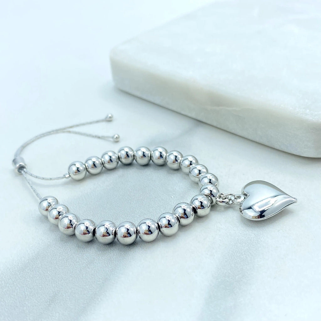 Silver Filled Adjustable Beaded Bracelet, Puff Heart Charm Bracelet, Polished Ball Beads, Friendship Bracelet
