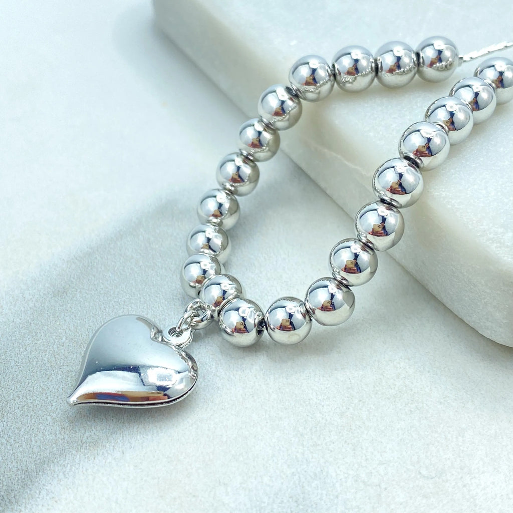 Silver Filled Adjustable Beaded Bracelet, Puff Heart Charm Bracelet, Polished Ball Beads, Friendship Bracelet
