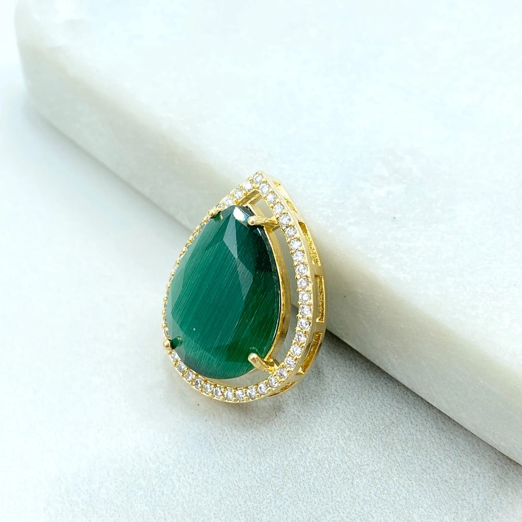 18k Gold Filled Teardrop Pendant, Teardrop Black Onyx, Emerald Green and Peach Simulated Gemstone, Gift for Her