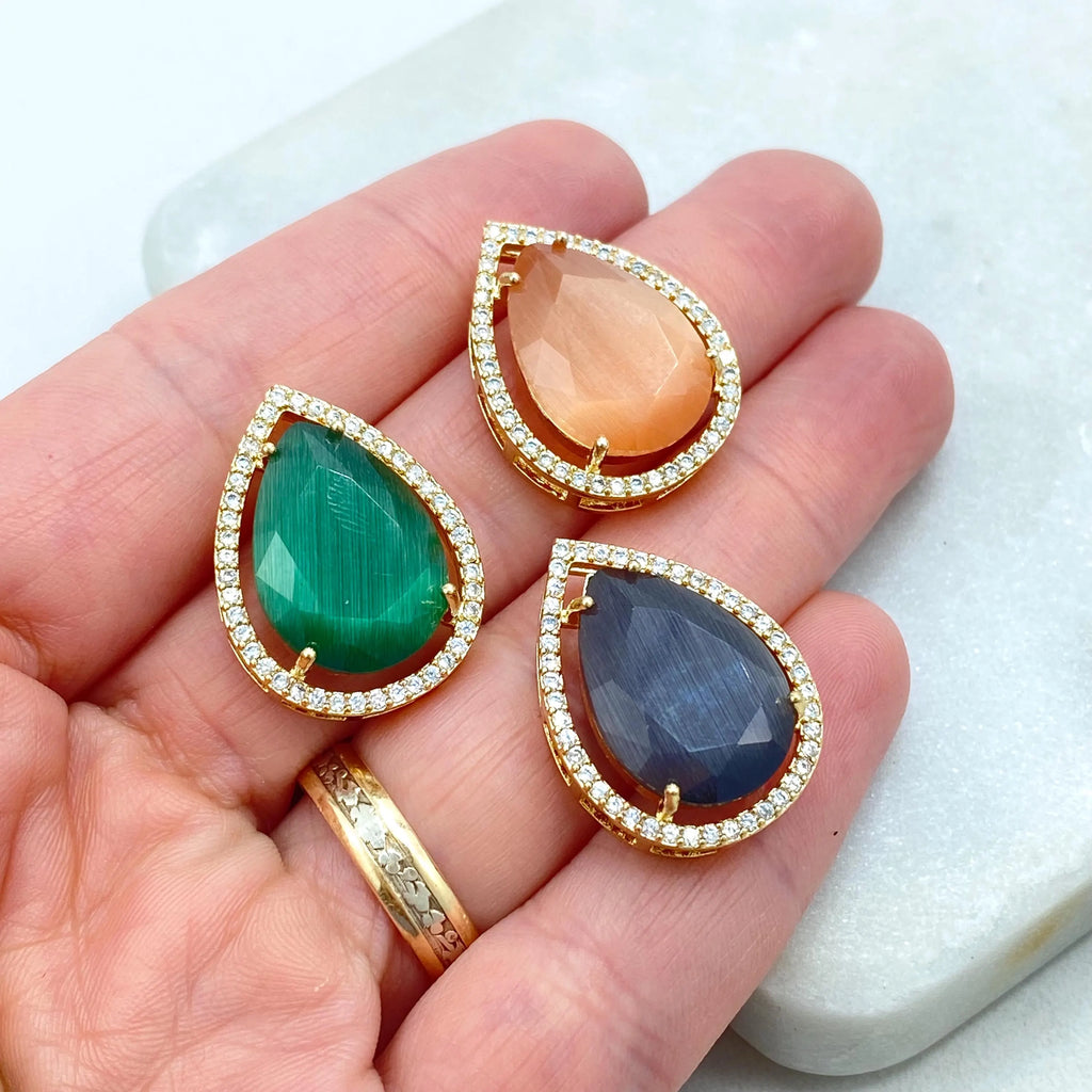 18k Gold Filled Teardrop Pendant, Teardrop Black Onyx, Emerald Green and Peach Simulated Gemstone, Gift for Her