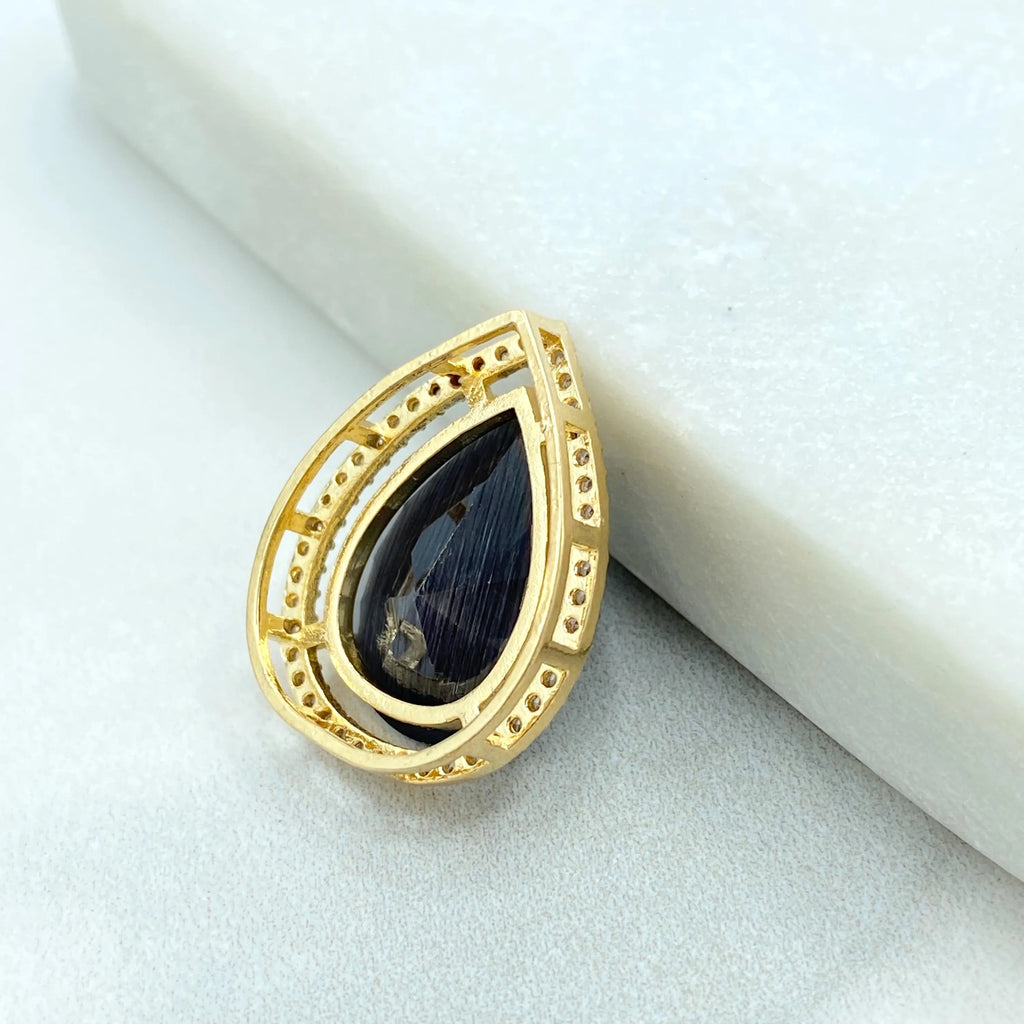 18k Gold Filled Teardrop Pendant, Teardrop Black Onyx, Emerald Green and Peach Simulated Gemstone, Gift for Her