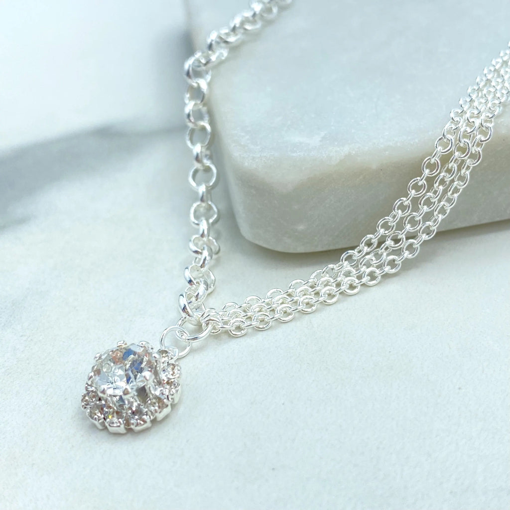 Silver Filled Jewelry Set, Halo Clear CZ Necklace and Earrings, Bridal Bridesmaid Gift, Gift for Her