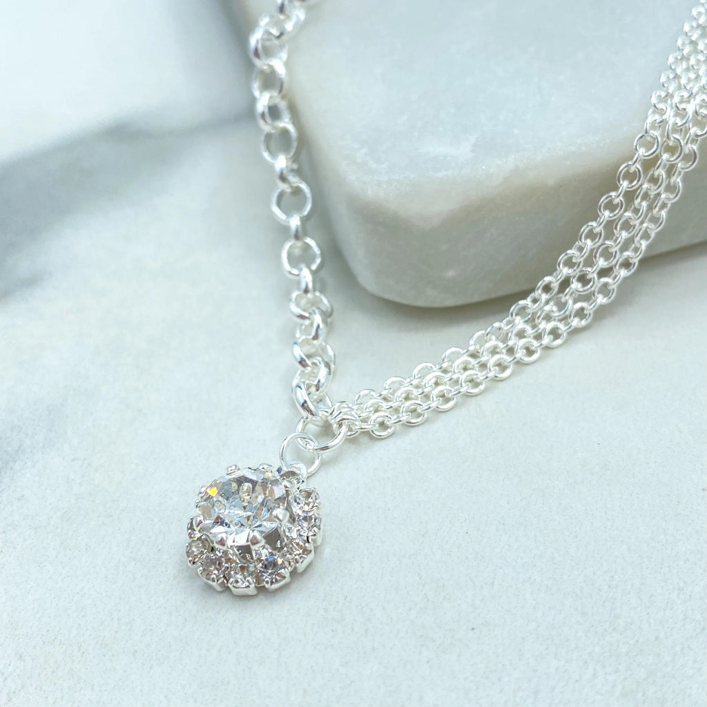 Silver Filled Jewelry Set, Halo Clear CZ Necklace and Earrings, Bridal Bridesmaid Gift, Gift for Her