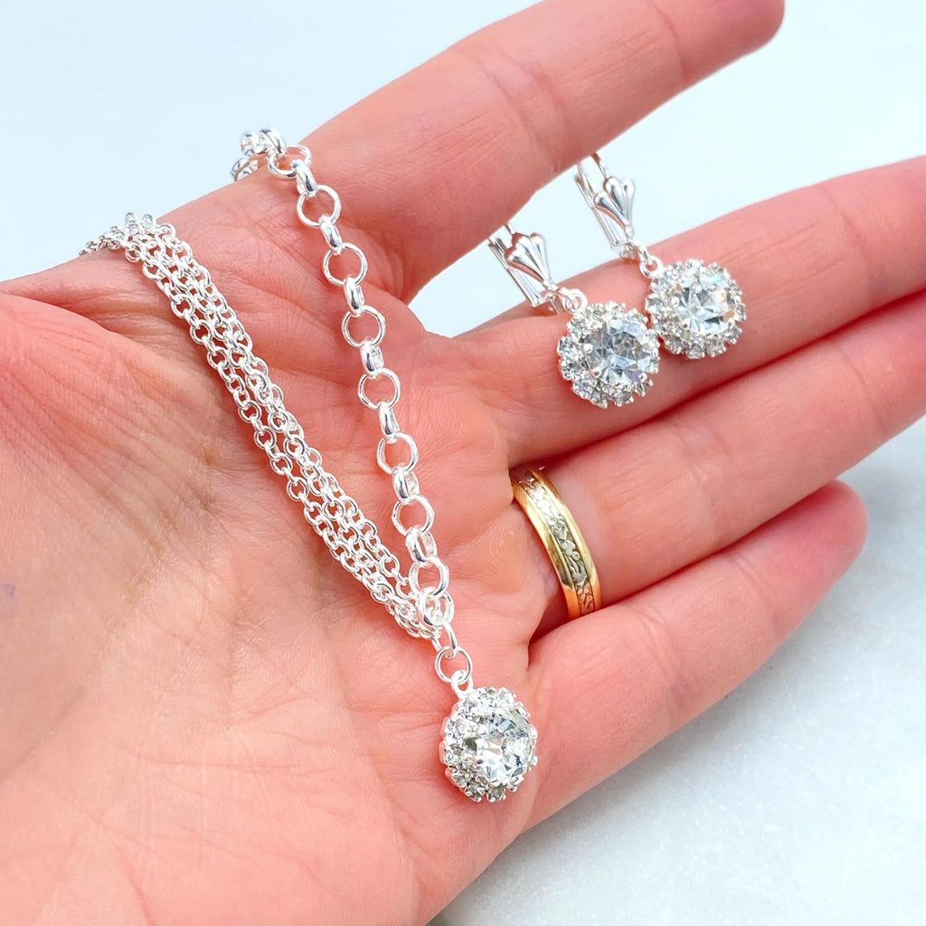 Silver Filled Jewelry Set, Halo Clear CZ Necklace and Earrings, Bridal Bridesmaid Gift, Gift for Her