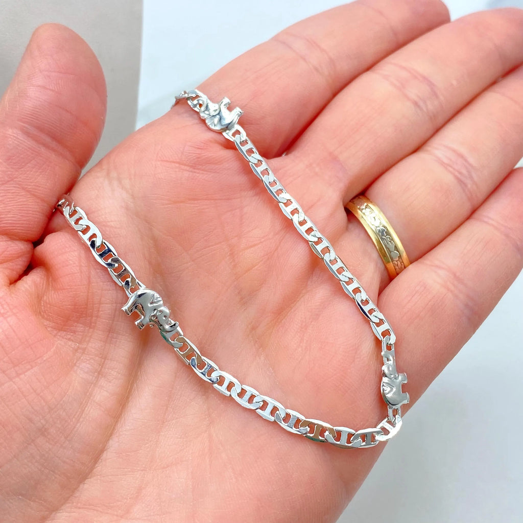 Silver Filled Elephant Necklace, 3.5mm Mariner Link Chain with Elephant Charms, 17.5" Long, Lucky Animal Jewelry
