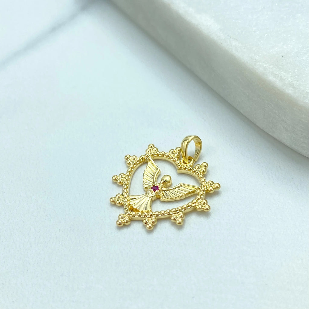 18k Gold Filled Heart Angel Pendant, Angel Charm with Pink CZ Stone, Spiritual Jewelry Gift, Heart with Angel Charm