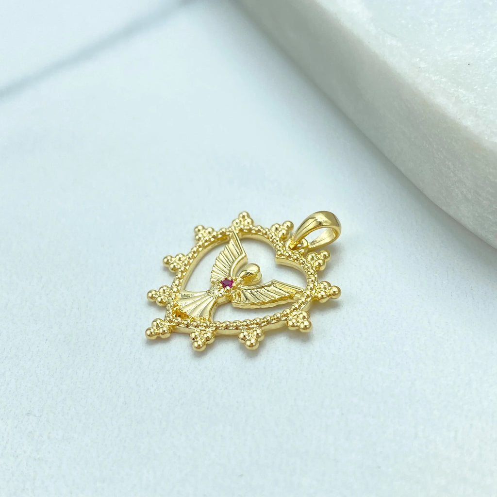 18k Gold Filled Heart Angel Pendant, Angel Charm with Pink CZ Stone, Spiritual Jewelry Gift, Heart with Angel Charm