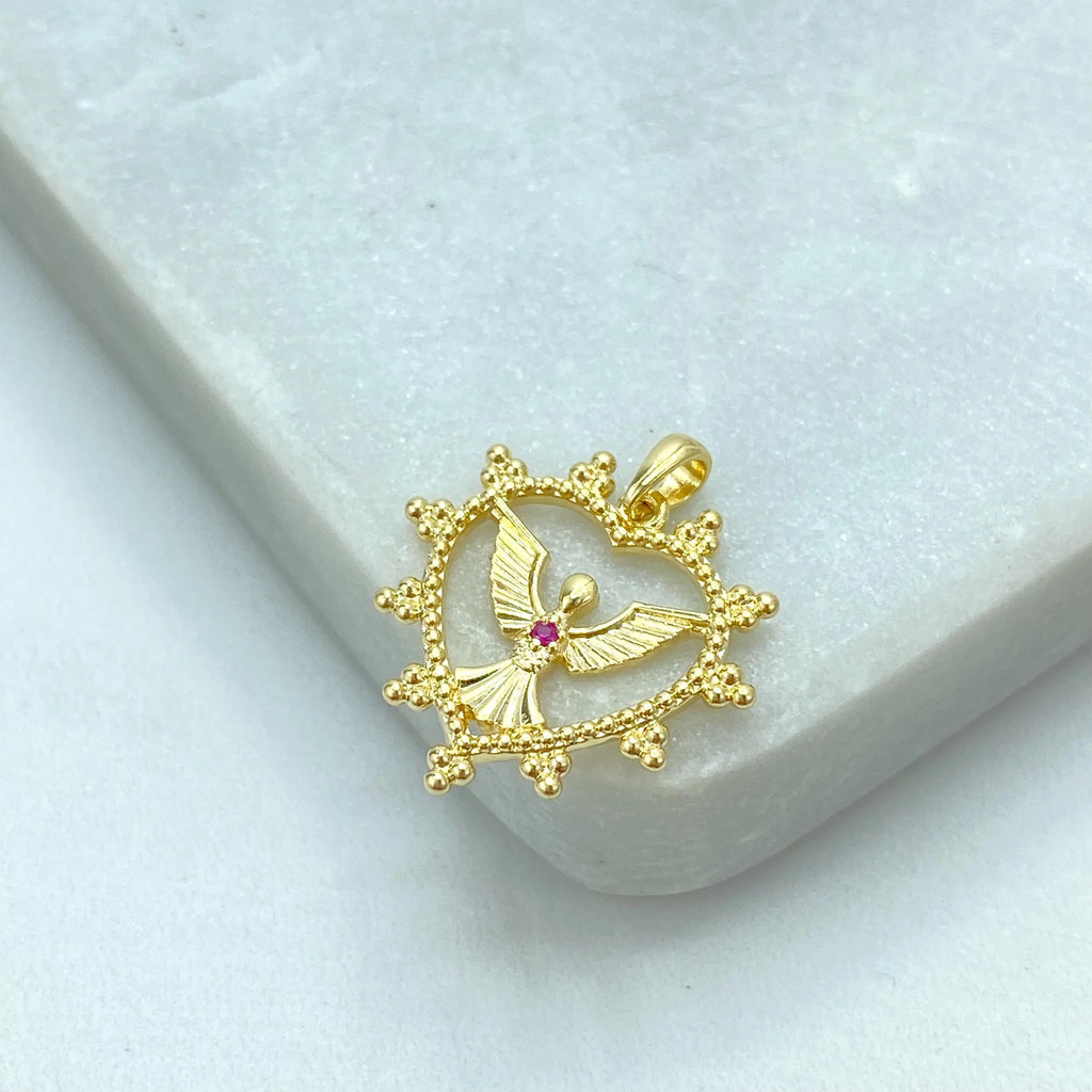 18k Gold Filled Heart Angel Pendant, Angel Charm with Pink CZ Stone, Spiritual Jewelry Gift, Heart with Angel Charm