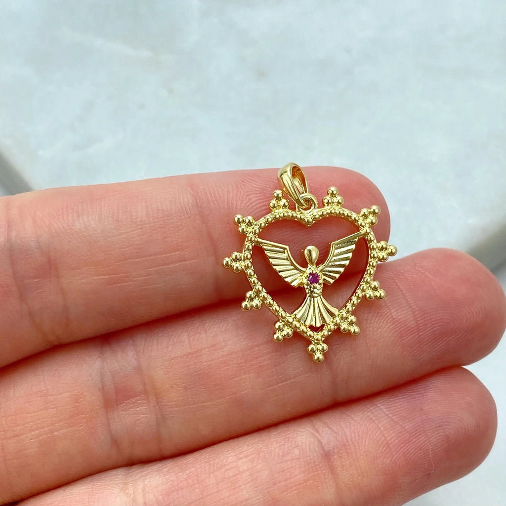 18k Gold Filled Heart Angel Pendant, Angel Charm with Pink CZ Stone, Spiritual Jewelry Gift, Heart with Angel Charm