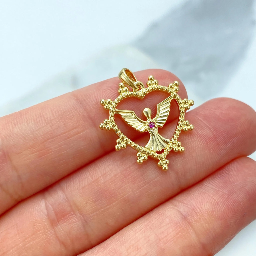 18k Gold Filled Heart Angel Pendant, Angel Charm with Pink CZ Stone, Spiritual Jewelry Gift, Heart with Angel Charm