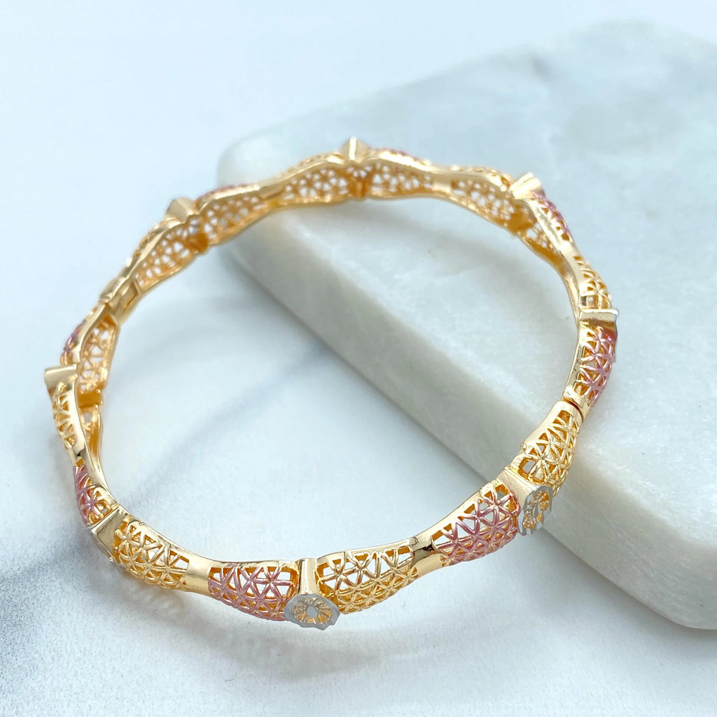 18k Gold Filled Tri-Tone Bangle, Lattice Pattern Bracelet, Elegant Statement Jewelry, Rose Gold Accents