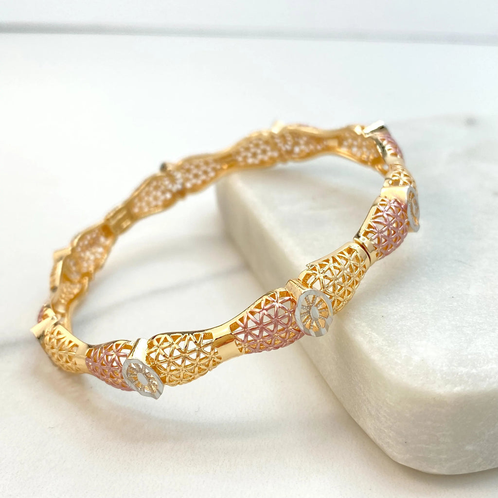 18k Gold Filled Tri-Tone Bangle, Lattice Pattern Bracelet, Elegant Statement Jewelry, Rose Gold Accents