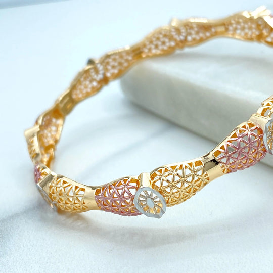 18k Gold Filled Tri-Tone Bangle, Lattice Pattern Bracelet, Elegant Statement Jewelry, Rose Gold Accents