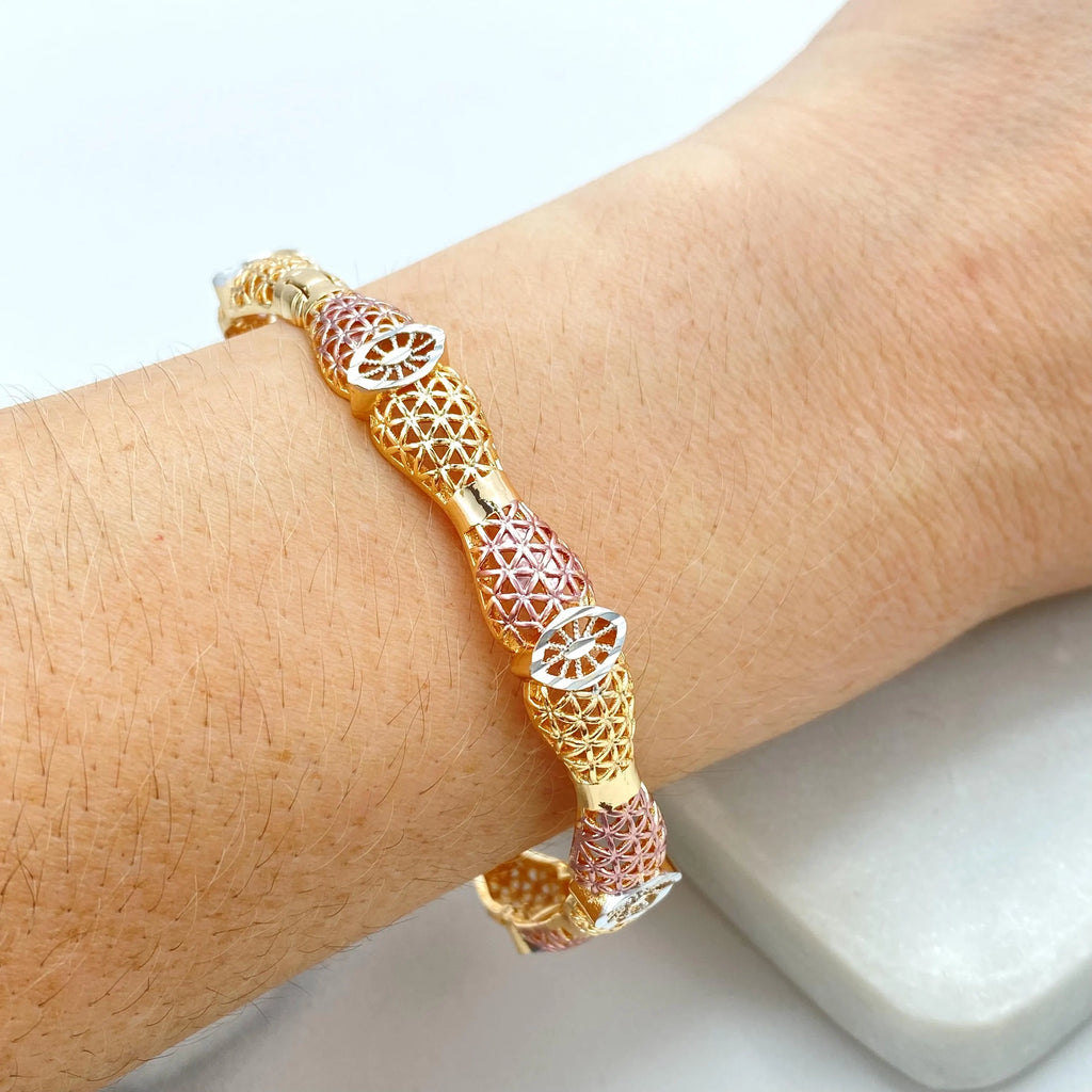 18k Gold Filled Tri-Tone Bangle, Lattice Pattern Bracelet, Elegant Statement Jewelry, Rose Gold Accents