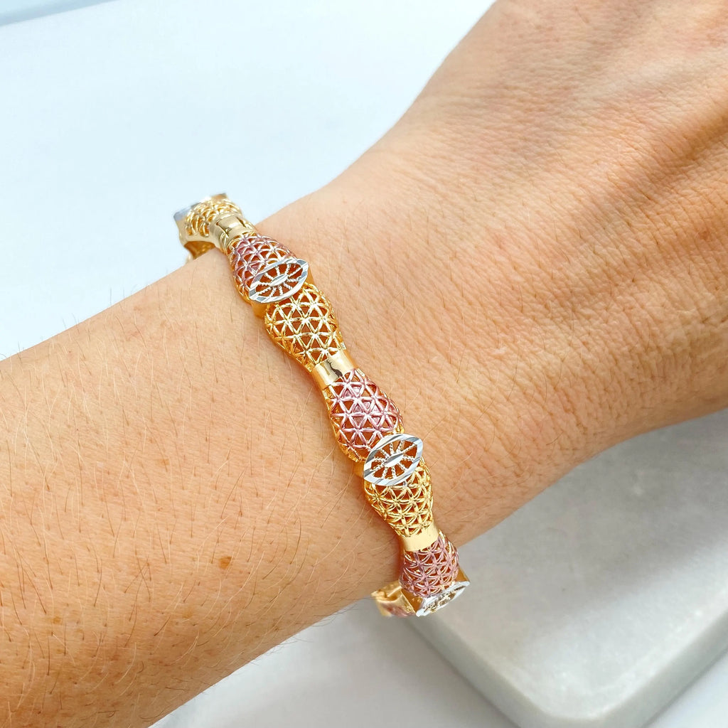 18k Gold Filled Tri-Tone Bangle, Lattice Pattern Bracelet, Elegant Statement Jewelry, Rose Gold Accents