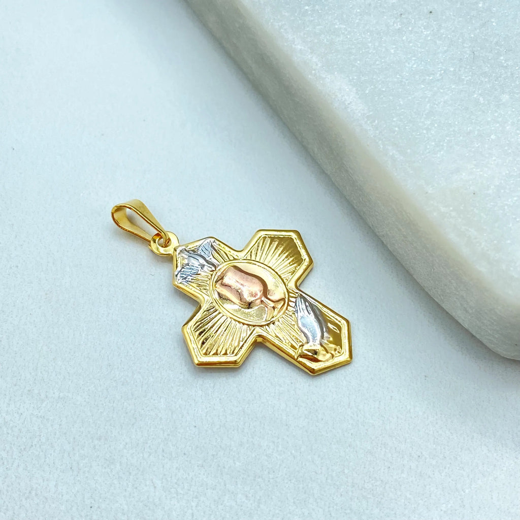 18k Gold Filled Three Tone Cross Pendant, Cross with Praying Hands Dove Chalice Charm, Catholic Jewelry, Gift for Her