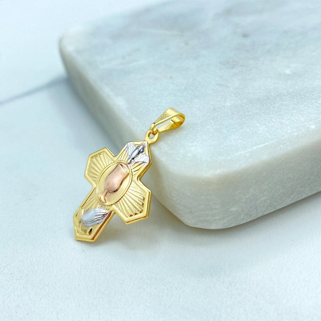 18k Gold Filled Three Tone Cross Pendant, Cross with Praying Hands Dove Chalice Charm, Catholic Jewelry, Gift for Her