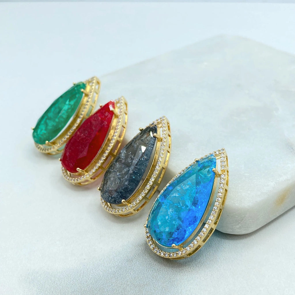 18k Gold Filled Pendant, Pear Shape Pendant with Simulated Ruby, Emerald, Blue Topaz or Black Diamond, CZ Halo