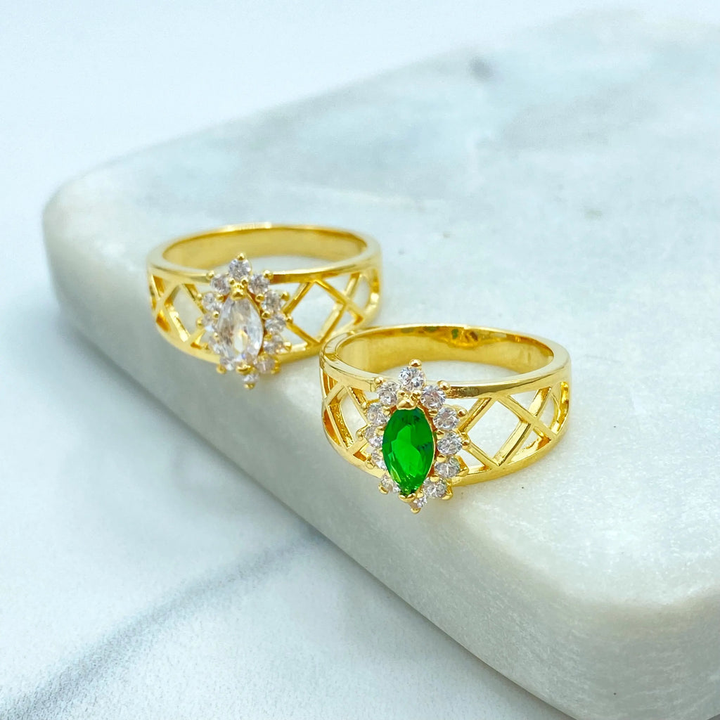 18k Gold Filled Ring, Marquise Cut Simulated Emerald or White Stone with CZ Halo Ring, Lattice Band Style, Gift for Her