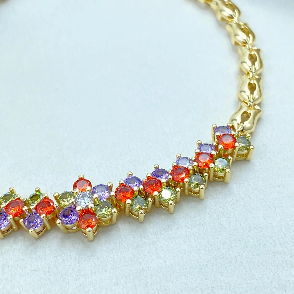 18k Gold Filled Bracelet, Multicolor CZ Round Cut with Tulip Link Design, Elegant Statement Jewelry, CZ Linked Bracelet