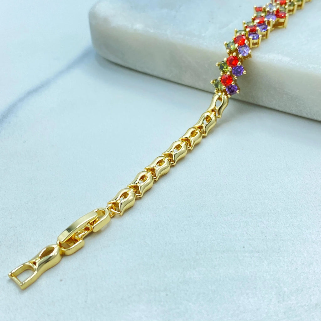 18k Gold Filled Bracelet, Multicolor CZ Round Cut with Tulip Link Design, Elegant Statement Jewelry, CZ Linked Bracelet