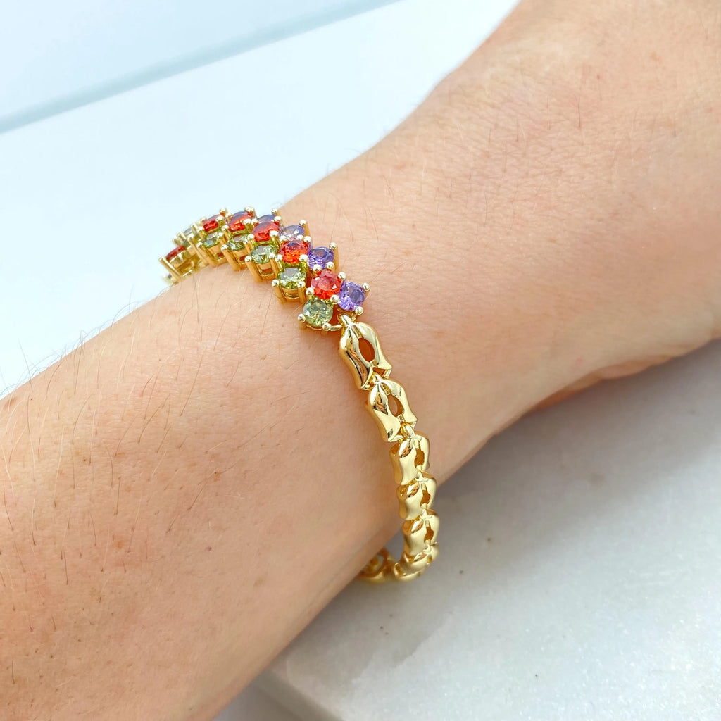 18k Gold Filled Bracelet, Multicolor CZ Round Cut with Tulip Link Design, Elegant Statement Jewelry, CZ Linked Bracelet
