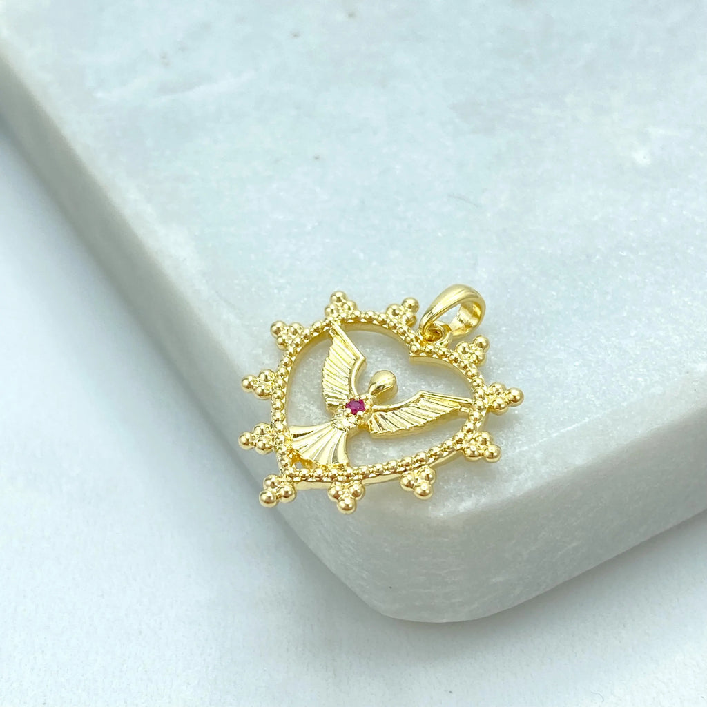 18k Gold Filled Heart Angel Pendant, Angel Charm with Pink CZ Stone, Spiritual Jewelry Gift, Heart with Angel Charm