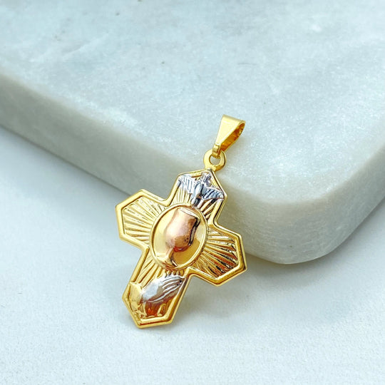 18k Gold Filled Three Tone Cross Pendant, Cross with Praying Hands Dove Chalice Charm, Catholic Jewelry, Gift for Her