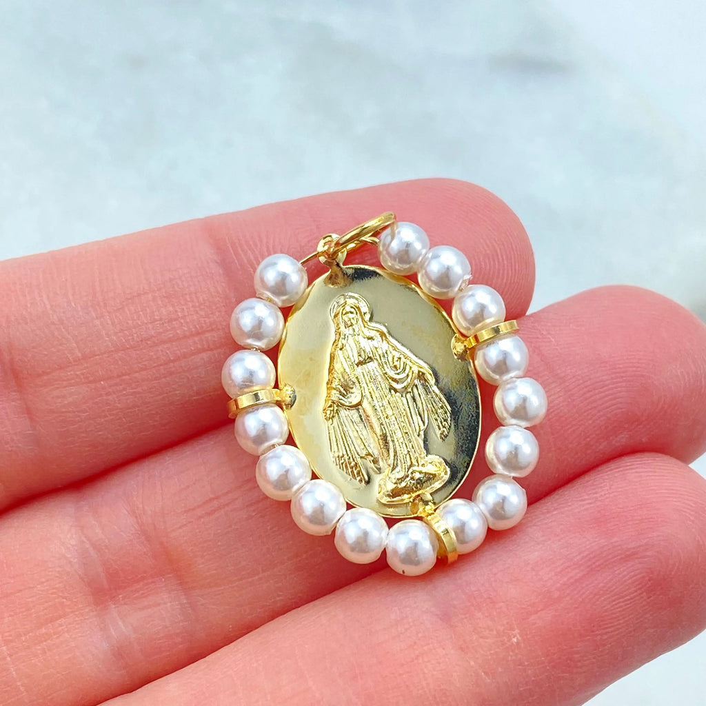 18k Gold Filled Miraculous Medal Pendant, Virgin Mary Medallion with Simulated Pearls, La Milagrosa Religious Pendant