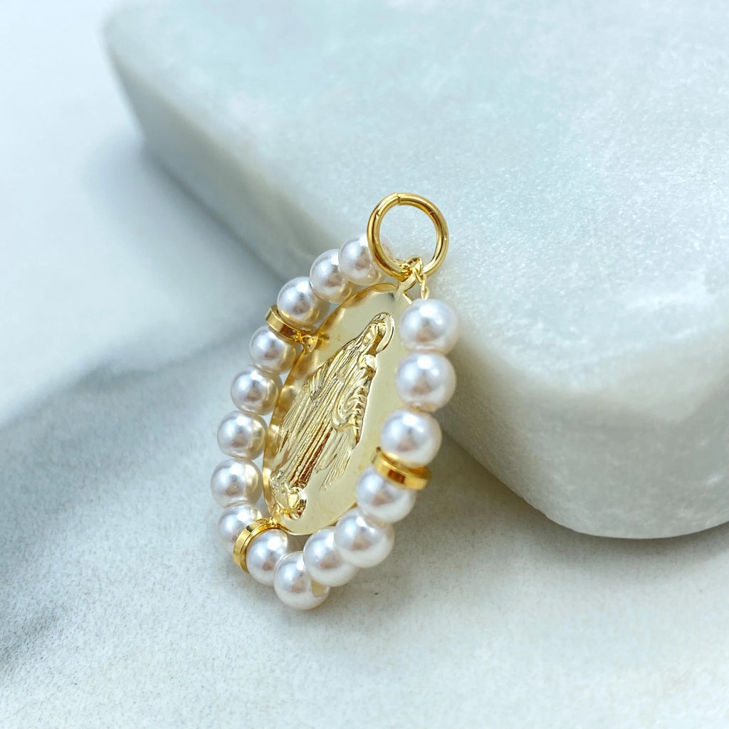 18k Gold Filled Miraculous Medal Pendant, Virgin Mary Medallion with Simulated Pearls, La Milagrosa Religious Pendant