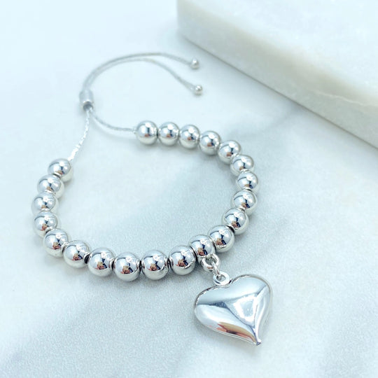 Silver Filled Adjustable Beaded Bracelet, Puff Heart Charm Bracelet, Polished Ball Beads, Friendship Bracelet