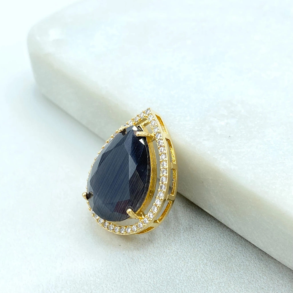 18k Gold Filled Teardrop Pendant, Teardrop Black Onyx, Emerald Green and Peach Simulated Gemstone, Gift for Her