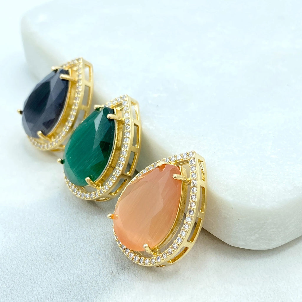 18k Gold Filled Teardrop Pendant, Teardrop Black Onyx, Emerald Green and Peach Simulated Gemstone, Gift for Her