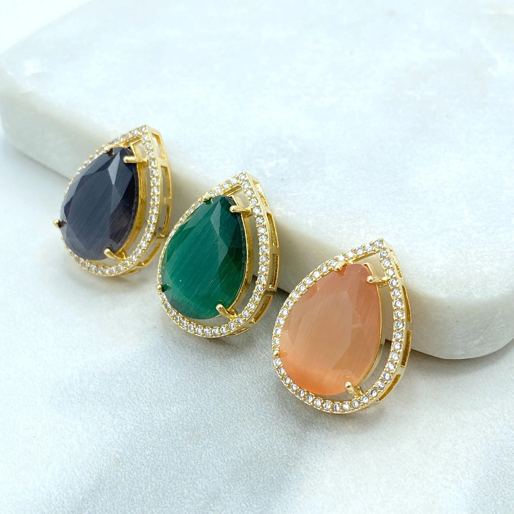 18k Gold Filled Teardrop Pendant, Teardrop Black Onyx, Emerald Green and Peach Simulated Gemstone, Gift for Her