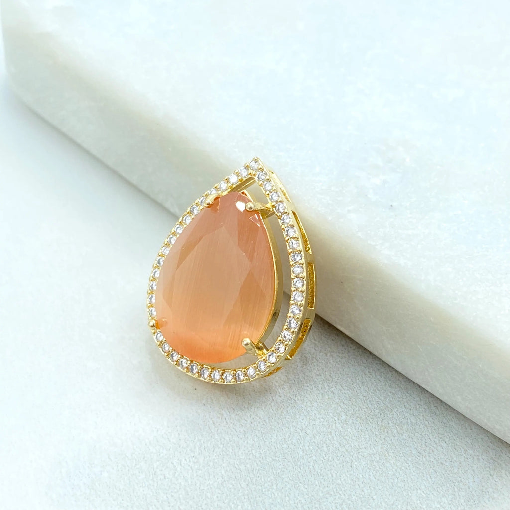 18k Gold Filled Teardrop Pendant, Teardrop Black Onyx, Emerald Green and Peach Simulated Gemstone, Gift for Her